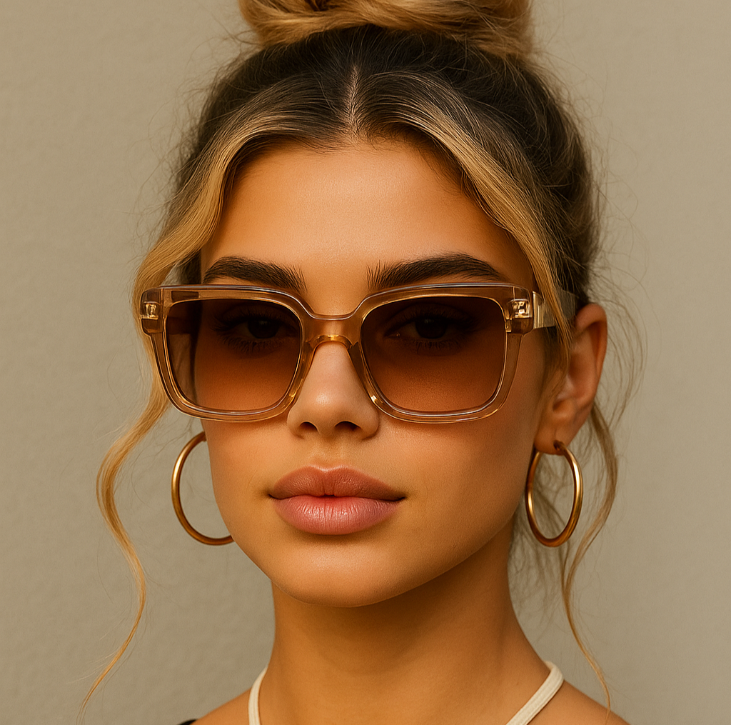 femme portant lunettes de soleil marron oversize carré tendances 2025
